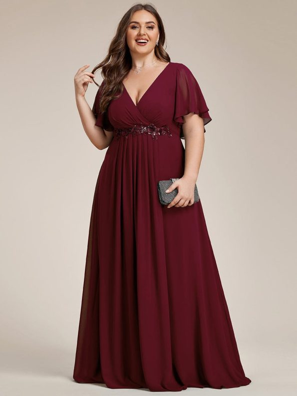 Ruffles Sleeve A-Line Chiffon Waist Applique Maxi Formal Evening Dress - Burgundy