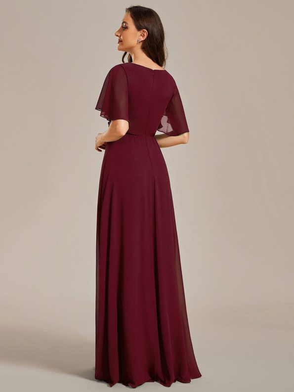 Ruffles Sleeve A-Line Chiffon Waist Applique Maxi Formal Evening Dress - Burgundy