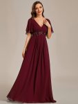 Ruffles Sleeve A-Line Chiffon Waist Applique Maxi Formal Evening Dress – Burgundy