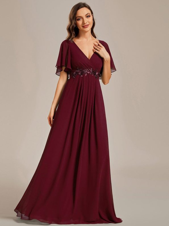 Ruffles Sleeve A-Line Chiffon Waist Applique Maxi Formal Evening Dress - Burgundy