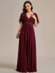 Ruffles Sleeve A-Line Chiffon Waist Applique Maxi Formal Evening Dress – Burgundy