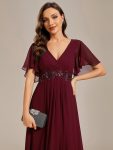 Ruffles Sleeve A-Line Chiffon Waist Applique Maxi Formal Evening Dress – Burgundy