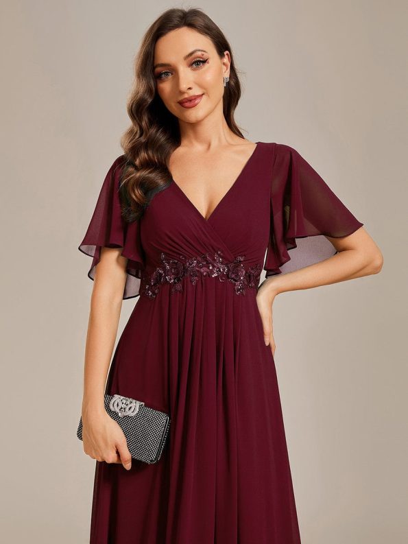 Ruffles Sleeve A-Line Chiffon Waist Applique Maxi Formal Evening Dress - Burgundy