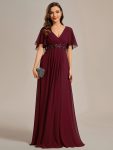 Ruffles Sleeve A-Line Chiffon Waist Applique Maxi Formal Evening Dress – Burgundy