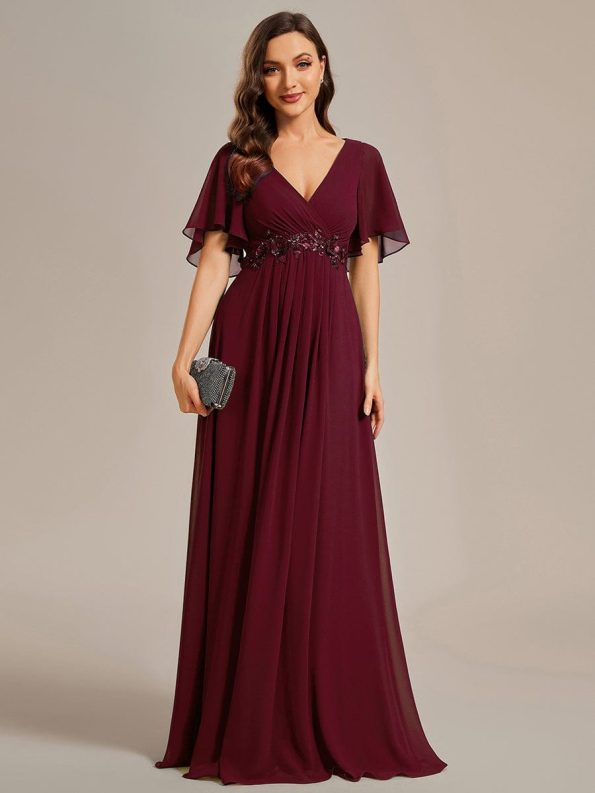 Ruffles Sleeve A-Line Chiffon Waist Applique Maxi Formal Evening Dress - Burgundy