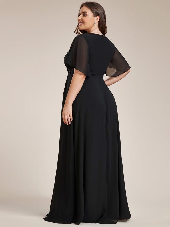 Ruffles Sleeve A-Line Chiffon Waist Applique Maxi Formal Evening Dress - Black