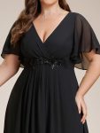 Ruffles Sleeve A-Line Chiffon Waist Applique Maxi Formal Evening Dress – Black