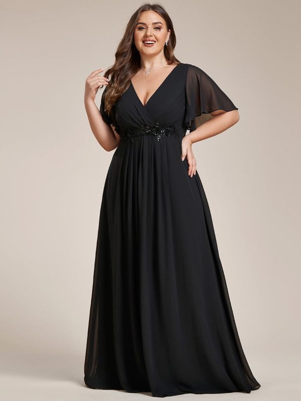 Ruffles Sleeve A-Line Chiffon Waist Applique Maxi Formal Evening Dress - Black