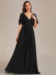 Ruffles Sleeve A-Line Chiffon Waist Applique Maxi Formal Evening Dress – Black