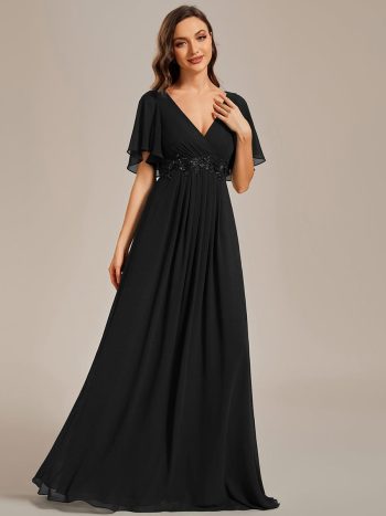 Ruffles Sleeve A-Line Chiffon Waist Applique Maxi Formal Evening Dress - Black