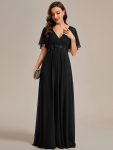 Ruffles Sleeve A-Line Chiffon Waist Applique Maxi Formal Evening Dress – Black