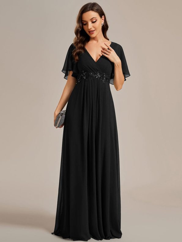 Ruffles Sleeve A-Line Chiffon Waist Applique Maxi Formal Evening Dress - Black