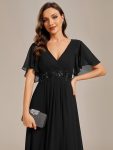 Ruffles Sleeve A-Line Chiffon Waist Applique Maxi Formal Evening Dress – Black