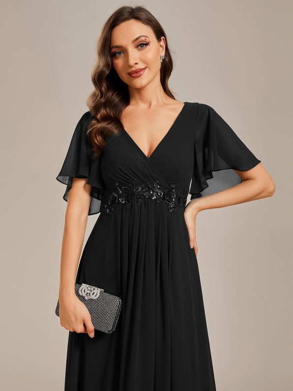 Ruffles Sleeve A-Line Chiffon Waist Applique Maxi Formal Evening Dress - Black