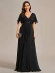 Ruffles Sleeve A-Line Chiffon Waist Applique Maxi Formal Evening Dress – Black