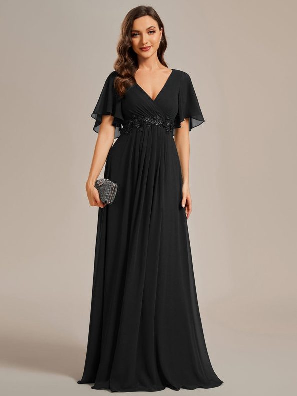 Ruffles Sleeve A-Line Chiffon Waist Applique Maxi Formal Evening Dress - Black