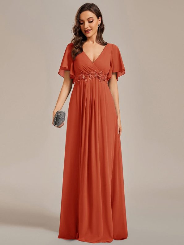 Ruffles Sleeve A-Line Chiffon Waist Applique Maxi Formal Evening Dress - Burnt Orange