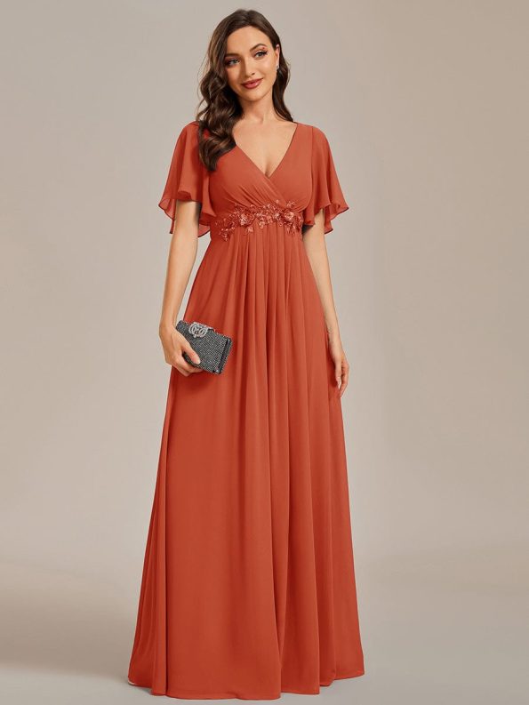 Ruffles Sleeve A-Line Chiffon Waist Applique Maxi Formal Evening Dress - Burnt Orange