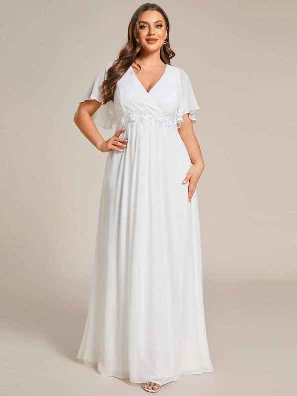 Ruffles Sleeve A-Line Chiffon Waist Applique Maxi Formal Evening Dress - Cream