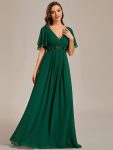 Ruffles Sleeve A-Line Chiffon Waist Applique Maxi Formal Evening Dress – Dark Green