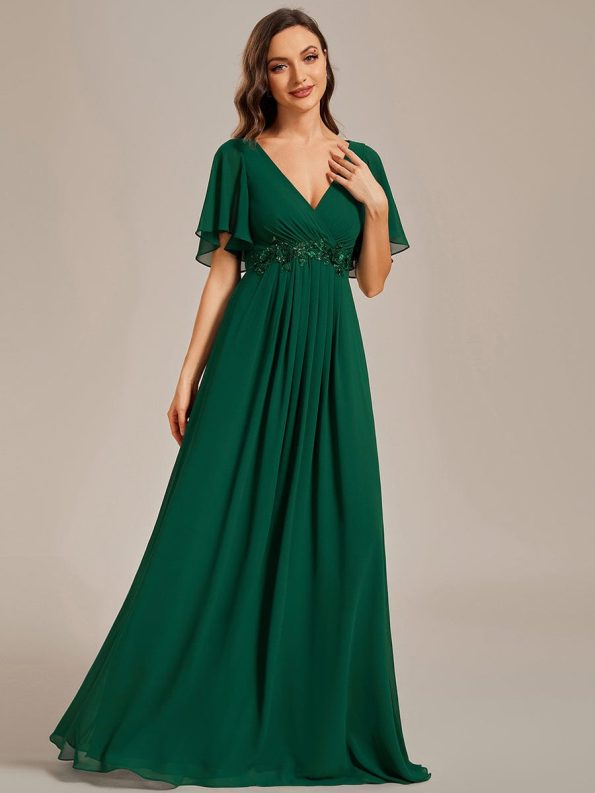 Ruffles Sleeve A-Line Chiffon Waist Applique Maxi Formal Evening Dress - Dark Green