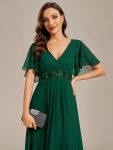 Ruffles Sleeve A-Line Chiffon Waist Applique Maxi Formal Evening Dress – Dark Green