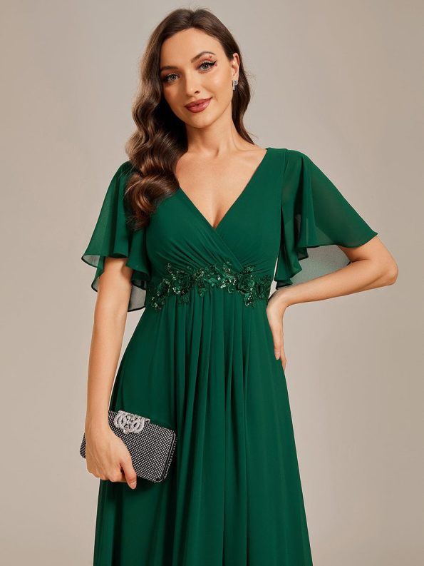 Ruffles Sleeve A-Line Chiffon Waist Applique Maxi Formal Evening Dress - Dark Green