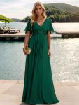 Ruffles Sleeve A-Line Chiffon Waist Applique Maxi Formal Evening Dress – Dark Green