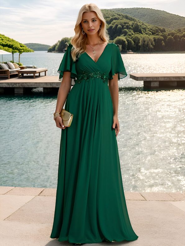 Ruffles Sleeve A-Line Chiffon Waist Applique Maxi Formal Evening Dress - Dark Green