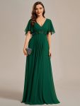 Ruffles Sleeve A-Line Chiffon Waist Applique Maxi Formal Evening Dress - Dark Green