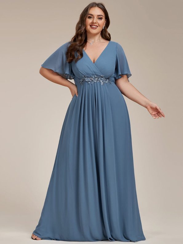 Ruffles Sleeve A-Line Chiffon Waist Applique Maxi Formal Evening Dress - Dusty Navy