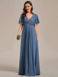 Ruffles Sleeve A-Line Chiffon Waist Applique Maxi Formal Evening Dress – Dusty Navy