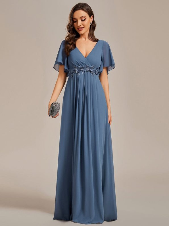 Ruffles Sleeve A-Line Chiffon Waist Applique Maxi Formal Evening Dress - Dusty Navy