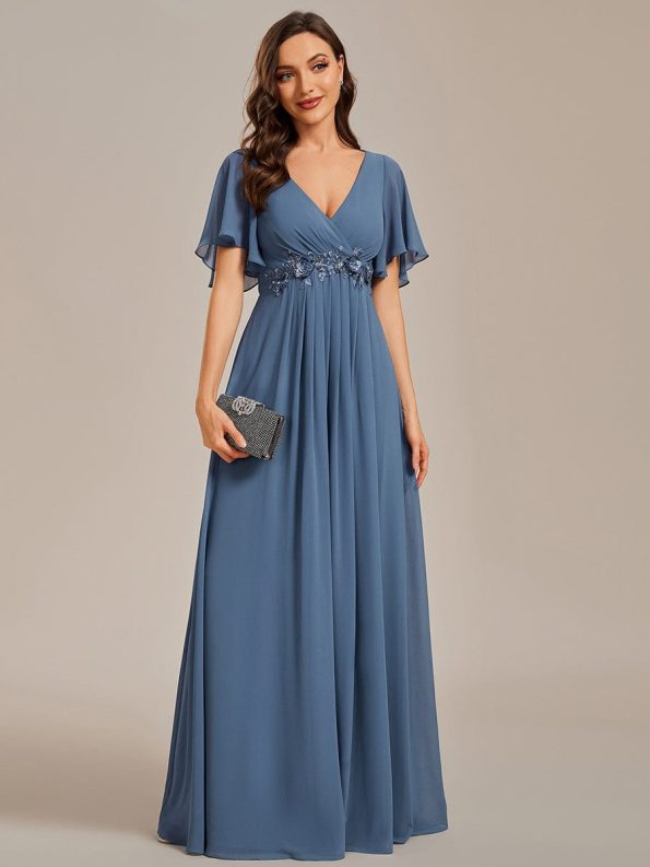 Ruffles Sleeve A-Line Chiffon Waist Applique Maxi Formal Evening Dress - Dusty Navy