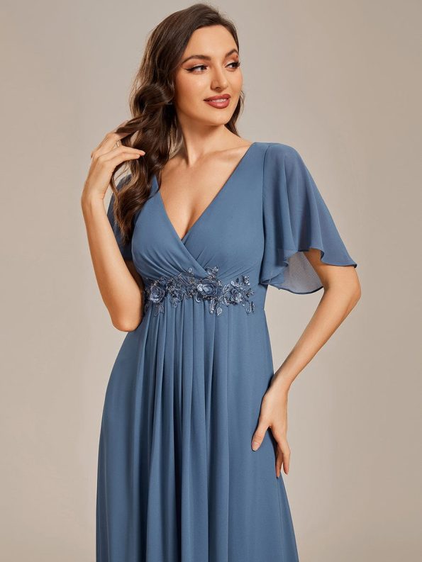 Ruffles Sleeve A-Line Chiffon Waist Applique Maxi Formal Evening Dress - Dusty Navy