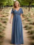 Ruffles Sleeve A-Line Chiffon Waist Applique Maxi Formal Evening Dress – Dusty Navy