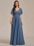 Ruffles Sleeve A-Line Chiffon Waist Applique Maxi Formal Evening Dress - Dusty Navy