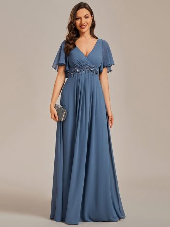 Ruffles Sleeve A-Line Chiffon Waist Applique Maxi Formal Evening Dress - Dusty Navy