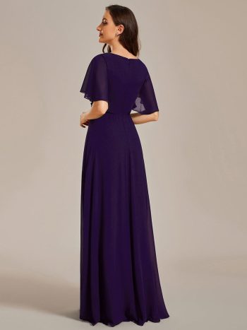 Ruffles Sleeve A-Line Chiffon Waist Applique Maxi Formal Evening Dress - Dark Purple