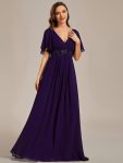 Ruffles Sleeve A-Line Chiffon Waist Applique Maxi Formal Evening Dress – Dark Purple