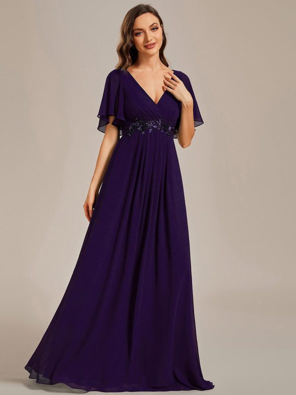 Ruffles Sleeve A-Line Chiffon Waist Applique Maxi Formal Evening Dress - Dark Purple