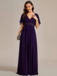 Ruffles Sleeve A-Line Chiffon Waist Applique Maxi Formal Evening Dress – Dark Purple