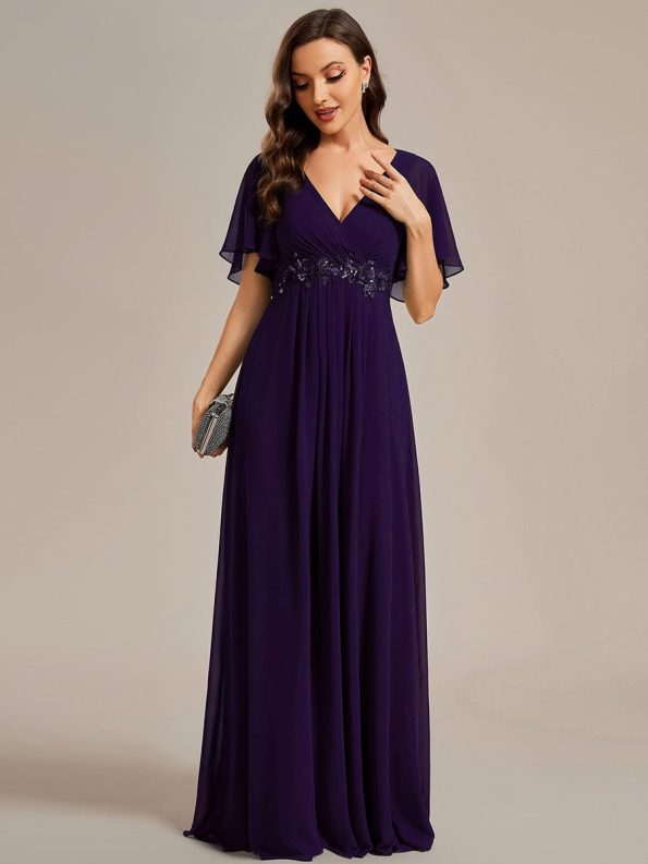 Ruffles Sleeve A-Line Chiffon Waist Applique Maxi Formal Evening Dress - Dark Purple