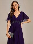 Ruffles Sleeve A-Line Chiffon Waist Applique Maxi Formal Evening Dress – Dark Purple