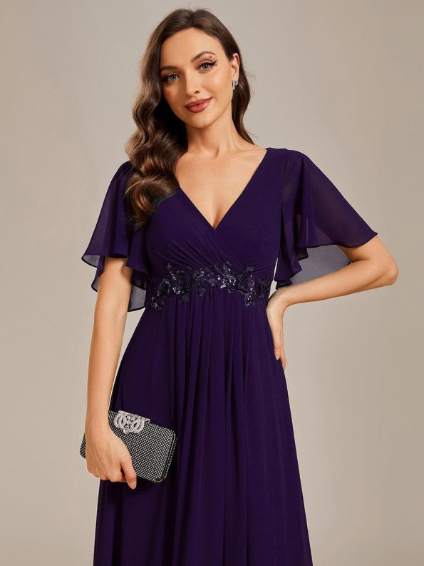 Ruffles Sleeve A-Line Chiffon Waist Applique Maxi Formal Evening Dress - Dark Purple