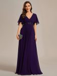 Ruffles Sleeve A-Line Chiffon Waist Applique Maxi Formal Evening Dress - Dark Purple