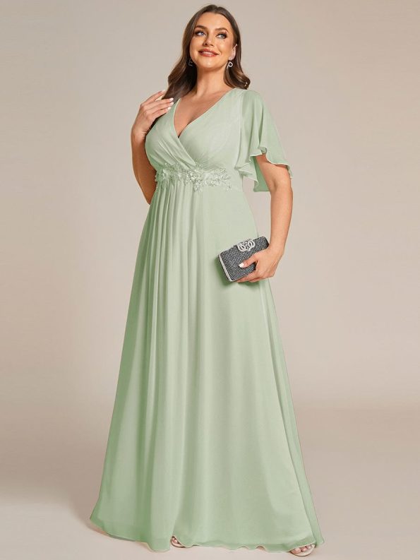 Ruffles Sleeve A-Line Chiffon Waist Applique Maxi Formal Evening Dress - Mint Green