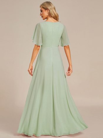 Ruffles Sleeve A-Line Chiffon Waist Applique Maxi Formal Evening Dress - Mint Green