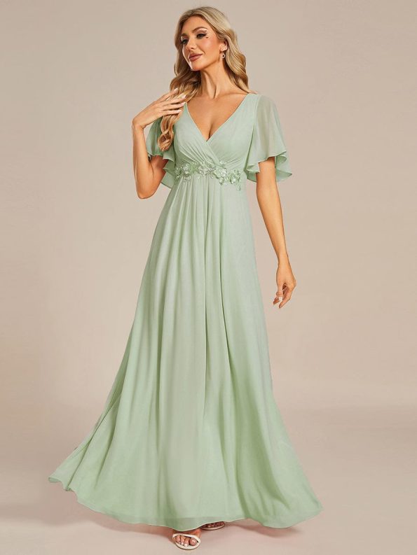 Ruffles Sleeve A-Line Chiffon Waist Applique Maxi Formal Evening Dress - Mint Green