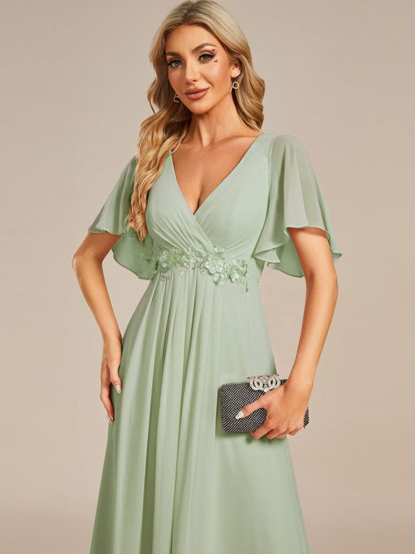 Ruffles Sleeve A-Line Chiffon Waist Applique Maxi Formal Evening Dress - Mint Green